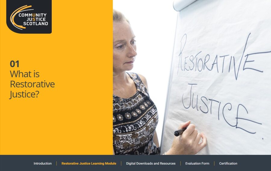 A screengrab taken from the module. Text reads '01 What is Restorative Justice?'