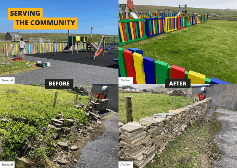 A montage of before-and-after photos: 1) Colourful painted fencing in Shetland 2) Restoration of a low stone wall in Shetland