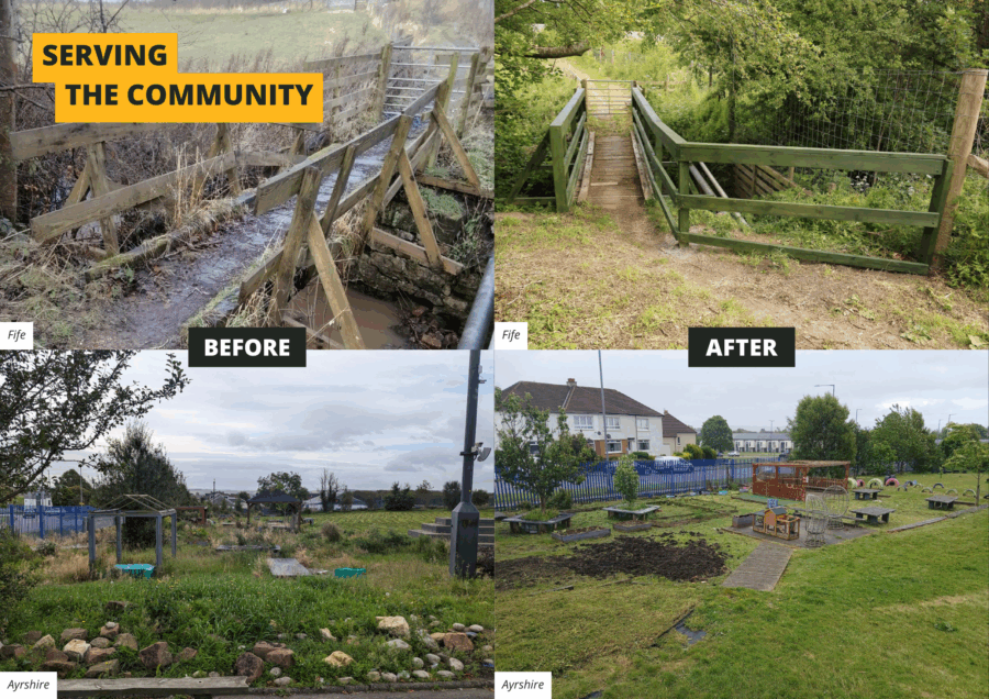 A montage of before-and-after photos: 1) Restoration of a footbridge in Fife 2) Renovation of a school playground in Ayrshire