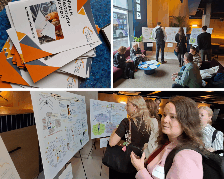 A collage of photos in which people are looking at a posters at an exhibition