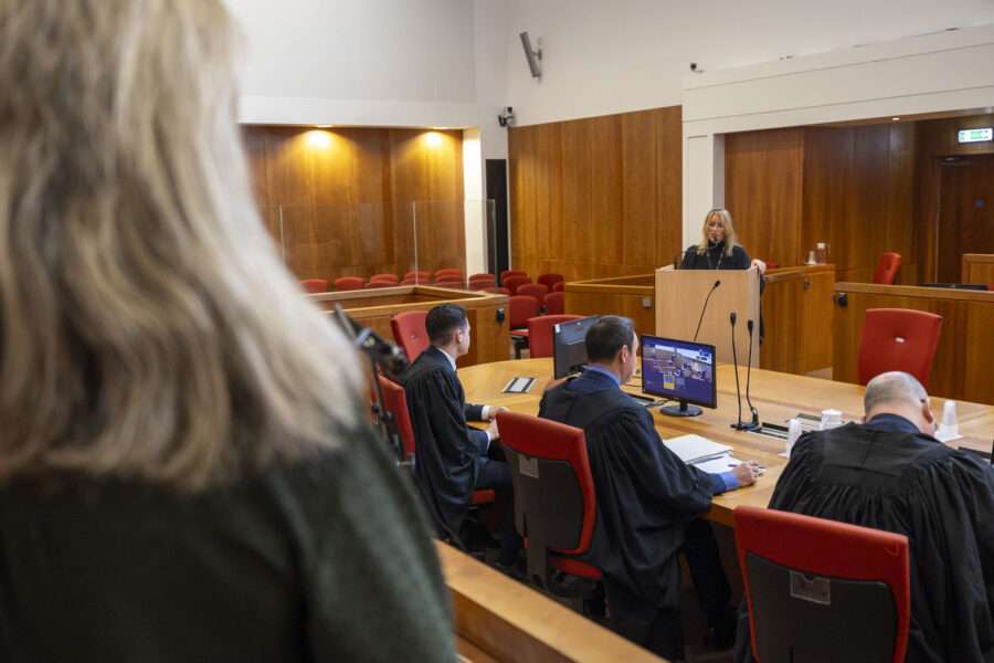 This image shows where a witness would stand in a courtroom (back to camera) with Procurator Fiscal Cat Jagla ahead, including defence solicitors Iain Smith from Keegan Smith, Glenn Fraser from Fraser & Co and Aaron Thompson from Adams Whyte.