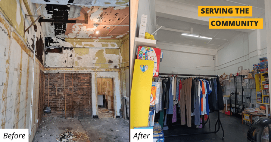 Before and after photos showing the transformation of a shop space in Glasgow