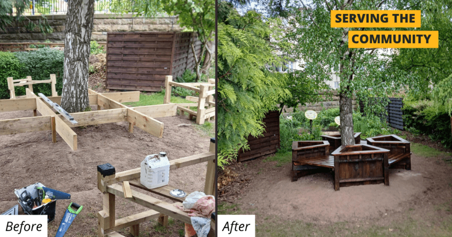 Before and after photos of a circular wooden bench built around a tree in a public garden