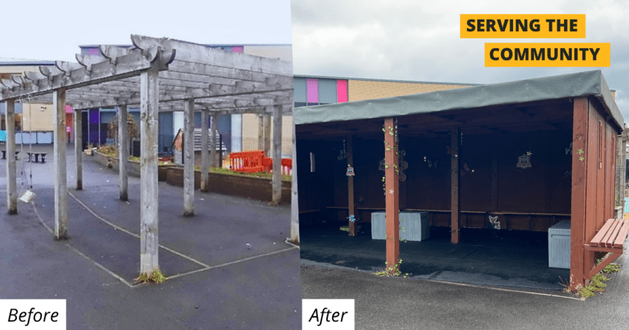 Before-and-after photos showing the construction of a sturdy outdoor classroom, which replaces a basic pergola. 